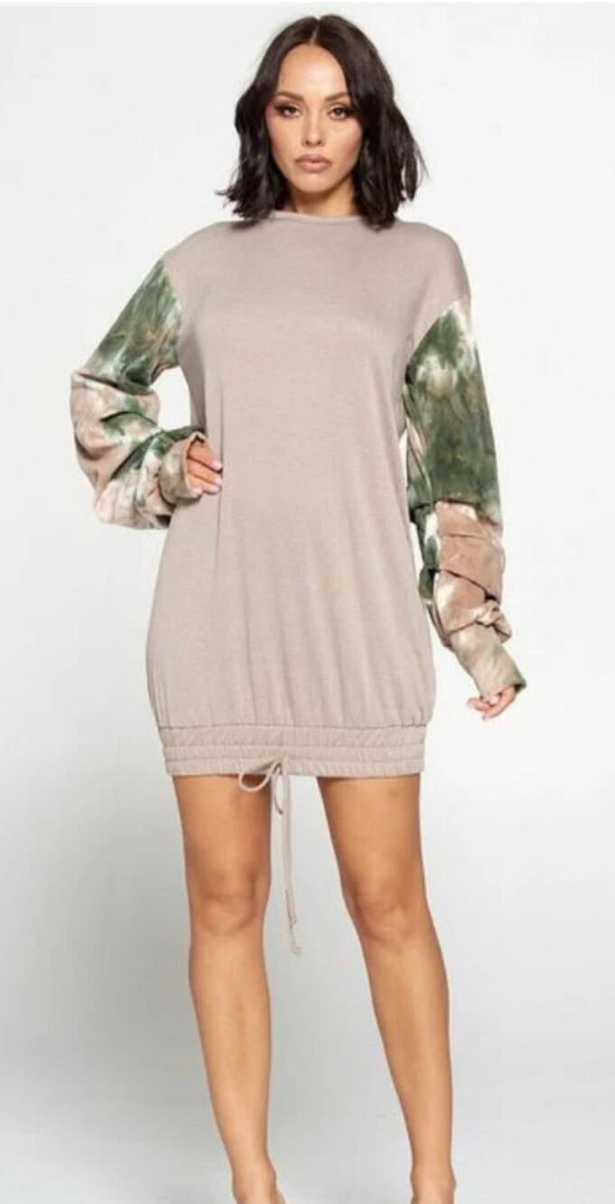 Boutique Latte Sweatshirt Mini Dress Cinched Long Sleeves Elastic Tie Large NWOT